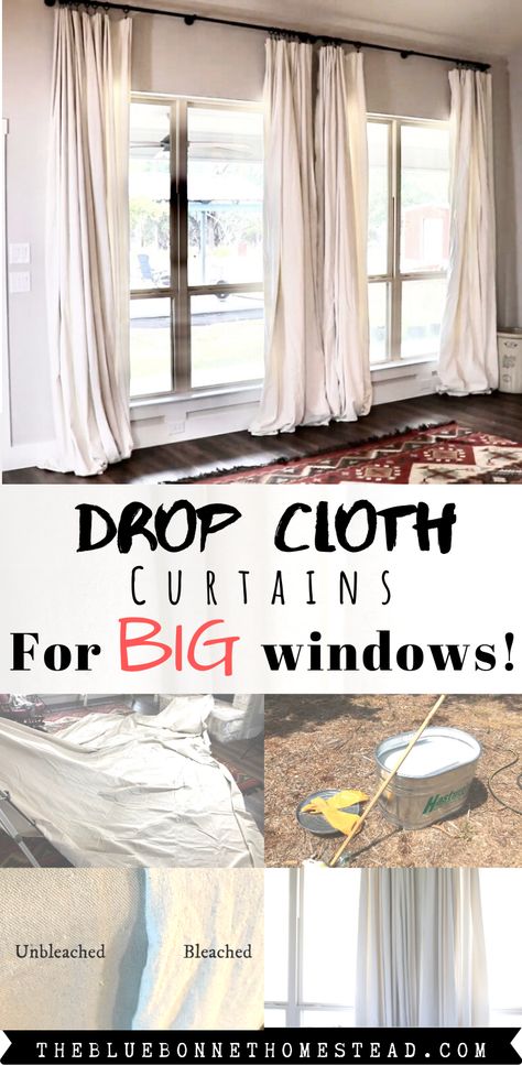 Curtains For Big Windows, Window Treatments Living Room Farmhouse, Big Window Curtains, Big Windows Living Room, Large Window Treatments, Diy Farmhouse Bedroom, Farmhouse Window Treatments, Cloth Curtains, Door Window Treatments