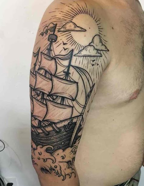 Blackwork Ship Tattoo, Boat Sleeve Tattoo, Ship On Fire Tattoo, Ship Tattoo Women, Ship Arm Tattoo, Pirate Ship Tattoo Traditional, Ship Sleeve Tattoo, Ship Tattoos For Men, Burning Ship Tattoo