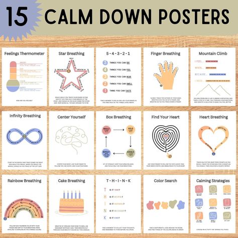 INCLUDES 15 DIFFERENT CALM DOWN MINDFULNESS POSTERS. The perfect addition or focus point to your classroom, calm down corner, therapy room, nursery, playroom, or library.  Included is a 15 page digital file that can easily be printed on standard 8.5'' X 11'' paper. I hope they helps bring extra joy, peace, and comfort to you on your trip around the sun!  🌎 Printable Details ☀️  * Size: 8.5x11 Inches * Instant Download: PDF File will be immediately available ⚠️If you have any questions or need h Calm Down Bulletin Board, Calming Room Ideas High School, Kindergarten Calm Down Corner, Diy Calming Corner, Peace Corner Classroom Ideas, Calm Down Corner Home, Calming Corner At Home, Classroom Calm Down Corner, Calm Down Corner Classroom