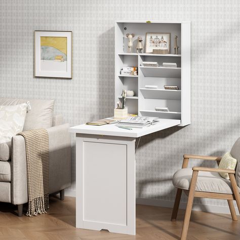 Fold Down Standing Desk, Small Space Desk Ideas, Small Craft Table, Pull Down Table, Mobile Home Storage Ideas, Greenery Office, Floating Computer Desk, White Floating Desk, Hanging Desk