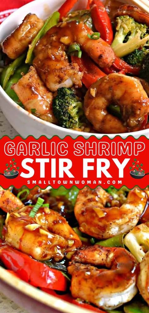 Whip up this easy garlic shrimp stir fry! It's a simple meal under 30 minutes. Complete with vegetables in a slightly spicy honey garlic sauce, this stir fry recipe is mouthwateringly good. Save this quick dinner idea! Garlic Shrimp Stir Fry, Fry Shrimp, Stir Fry Shrimp Recipes, Fried Shrimp Recipes, Seafood Feast, Shrimp Stir Fry, Shrimp Dinner, Honey Garlic Sauce, Favorite Dinner