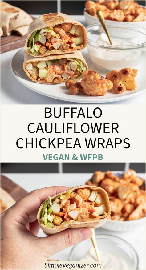 Enjoy these vegan Buffalo Cauliflower Chickpea Wraps—spicy, creamy, crispy, and packed with flavor. This healthy, easy-to-make meal is the perfect choice for a satisfying lunch or dinner. Cauliflower Wraps Recipe, Buffalo Chickpea Recipes, Buffalo Cauliflower And Chickpeas, Chickpea Cauliflower Wrap, Buffalo Cauliflower Wraps, Buffalo Chickpea Wrap, Buffalo Chickpeas, Vegan Buffalo Cauliflower Wraps, Easy Buffalo Cauliflower