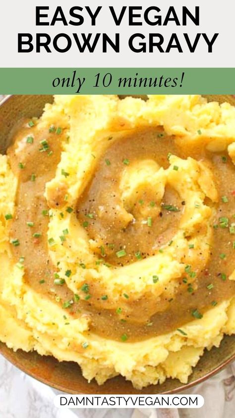 Vegan brown gravy over a bowl of mashed potatoes. Vegan Gravy For Mashed Potatoes, Vegan Brown Gravy, Vegan Poutine, Vegetarian Gravy Recipe, Brown Gravy Recipe Easy, Pantry Mixes, Lacto Vegetarian, Brown Gravy Recipe, Gravy For Mashed Potatoes