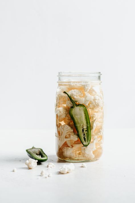 Spicy Pickled Cauliflower (quick pickles!) — Baked Greens Quick Pickled Cauliflower, Spicy Pickled Cauliflower, Eating Raw Vegetables, Quick Pickles, Pickled Cauliflower, Quick Pickled, Grain Bowls, Head Of Cauliflower, Grain Bowl