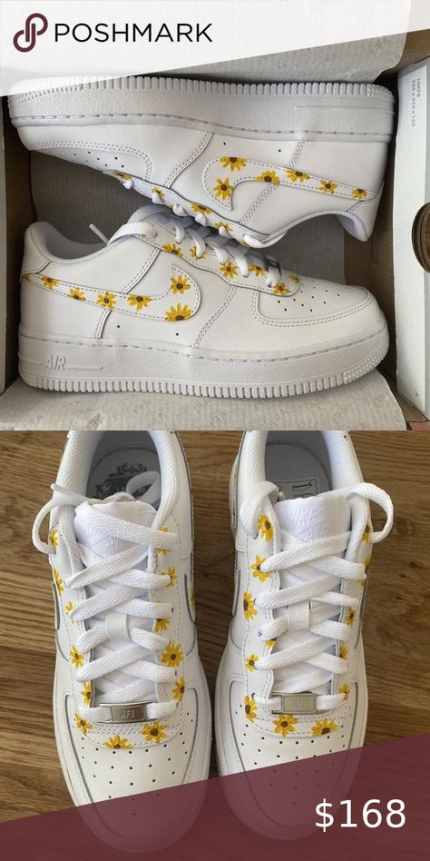 Nike Sunflower Shoes, Painted Shoes Air Force, Daisy Nike Shoes, Air Forces Painted Ideas, Diy Nike Air Force, Nike Shoe Art, Air Force 1 Art, Air Force Painting Ideas, Painting Air Force 1