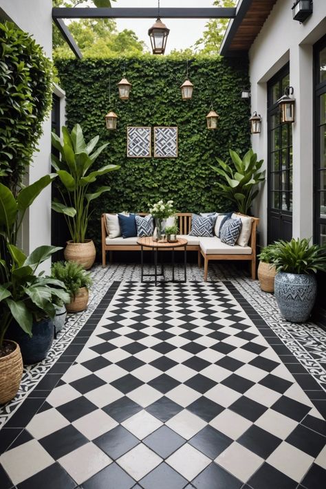 20 Small Patio Flooring Ideas To Brighten And Enlarge Your Outdoor Space - Toolz Geek Ceramic Patio Tiles, Checkered Tile Outdoor, Outdoor Tiling Ideas Patio, Checkerboard Outdoor Patio, Small Patio Flooring, Small Patio Flooring Ideas, Terrace Ideas Outdoor, Garden Floor Tiles, Outdoor Patio Tile Ideas