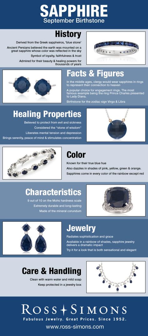 Learn about the history, facts, healing properties, color, characteristics and how to care for September's Birthstone, Sapphire. Sapphire Birthstone, Precious Gemstones Jewelry, Rocks And Gems, September Birthstone, Sapphire Jewelry, History Facts, Gems And Minerals, Crystal Gems, Sapphire Gemstone