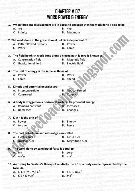 Adamjee Coaching: Physics Karachi Board XI - Work Power and Energy Mcqs Work Energy Power Physics Notes, Work Energy And Power, Notes English, Physics Notes, Study Flashcards, Class 11, Aptitude Test, Electric Field, Past Papers