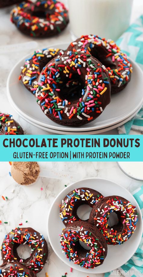 Gluten Free Protein Doughnut, Chocolate Protein Donut Recipe, Protein Powder Donut Recipe, Healthy Donuts For Kids, Recipes With Chocolate Protein Powder, Protein Donuts Healthy, Chocolate Protein Powder Recipes, Chocolate Protein Recipes, Protein Donut Recipe