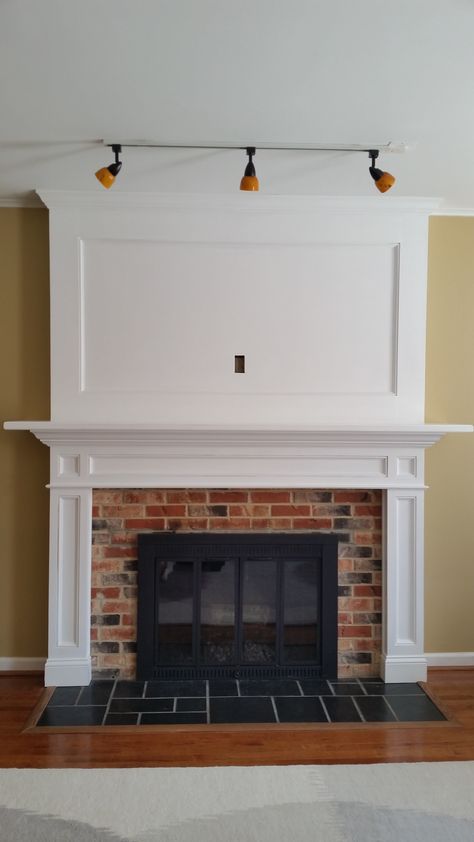 Features removable recessed panels in legs & breastplate for cabling to flat screen Above Fireplace Ideas, Above Fireplace, Tv Over Fireplace, Fireplace Mantel Surrounds, Fireplace Update, Mantel Surround, Living Room Decor Fireplace, Custom Fireplace, Fireplace Remodel