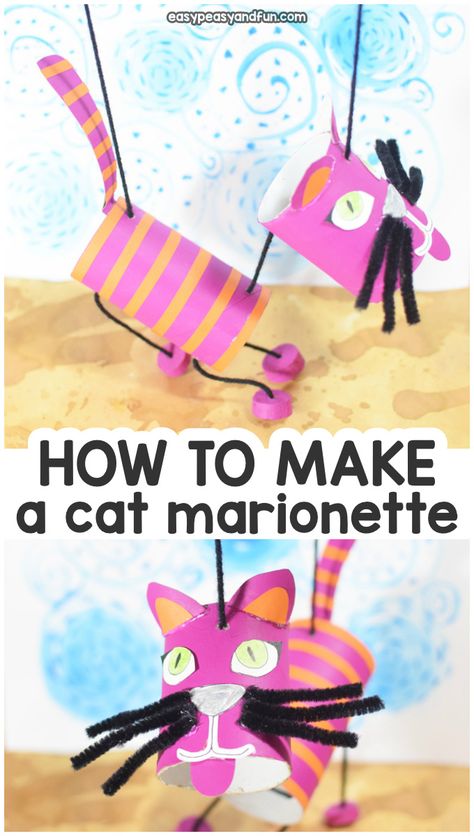 How To Make a Cat Marionette Puppet - Easy Peasy and Fun Easy Marionette Puppets, Diy Marionette Puppets For Kids, Cat Puppet Diy, Puppets For Kids, Puppets Diy, Toilet Paper Crafts, Marionette Puppet, Paper Puppets, Puppet Crafts