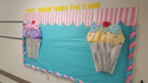 Bulletin board cupcakes                                                                                                                                                                                 More Cupcake Bulletin Boards, Candy Theme Classroom, Nurse Bulletin Board, Preschool Door, Welcome Bulletin Boards, Music Bulletin Board, Music Bulletin Boards, Bullentin Boards, Activity Director