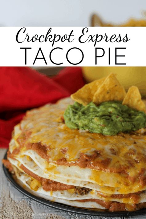 Stacked with layers of delicious taco meat, beans and cheese, Crockpot Express Taco Pie is an easy dinner your whole family will love! #CPE #CrockpotExpress #PressureCookerRecipe Taco Stack, Mexican Taco Recipes, Crockpot Express Recipes, Taco Recipes Mexican, Crockpot Taco, Beans And Cheese, Crockpot Express, Mexican Stuff, Mexican Flavors