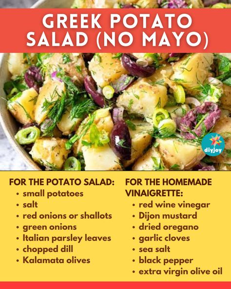 This Greek potato salad recipe is packed with herbs, onion, potatoes, and delicious flavors. It's easy to make and is the perfect side dish. Greek Salad With Potato Salad, Greek Potato Salad No Mayo, Greek Potato Salad, Greek Style Potatoes, Deviled Egg Potato Salad, Onion Potatoes, Greek Pasta Salad Recipe, Greek Recipe, Potato Salad With Egg