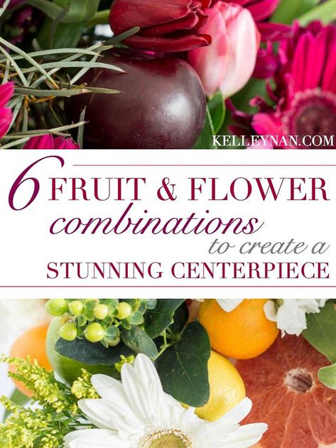 Ideas for six fruit and flower combinations to create a stunning centerpiece - perfect for parties, showers, or home decor! #flowerarrangement #floral #centerpieceideas #floralarranging #centerpiece #flowerideas #tablecenterpiece #fruitarrangement #flowertips Flower Arrangement With Fruit, Fruit And Flower Arrangements, Modern Table Centerpieces, Flower Combinations, Fruit Centerpieces, Everything Diy, Heart Flowers, Diy Arrangements, Fruit Arrangements