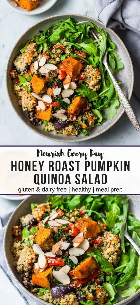 Honey roast pumpkin quinoa salad made with pumpkin oven baked in spices, fluffy quinoa and lots of veggies. A healthy lunch or dinner, perfect to meal prep! #quinoasalad #pumpkin #healthylunchideas #mealprep #pumpkinsalad #glutenfree #vegan Roast Salad, Pumpkin Roasted, Fluffy Quinoa, Pumpkin Quinoa, Pumpkin Salad, Quinoa Salad Recipes, Roast Pumpkin, Cooked Veggies, Honey Roasted