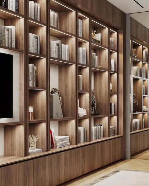 Bookshelves Living Room, Luxury Bookcase, Penthouse Ideas, Wine Room Design, Interior Design Dining, Bibliotheque Design, Display Bookcase, Architectural Lighting Design, Office Interior Design Modern