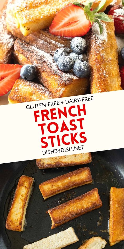 These easy gluten-free French toast sticks are perfect for breakfast or brunch for special occasions such as Mother's day. We love them with fresh berries, a drizzle of maple syrup and a sprinkle of powdered sugar! Totally dairy-free too. Dairy Free French Toast, Healthy Breakfast Recipes Clean Eating, Gluten Free French Toast, Delicious Healthy Breakfast Recipes, French Toast Sticks, Healthy Eating Breakfast, Healthy Breakfast Recipes Easy, Nutritious Breakfast, Easy Healthy Breakfast