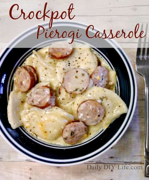 Crockpot Pierogi Casserole with Kielbasa - An Easy Meals Recipe Crockpot Pierogi Casserole, Pierogi Casserole With Kielbasa, Pierogi Casserole, Sausage Crockpot, Pierogi Recipe, Mini Hamburgers, Kielbasa Recipes, Crockpot Dishes, Kielbasa