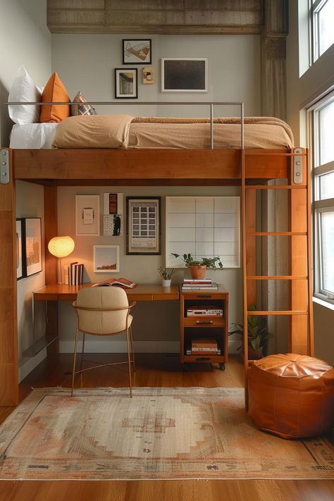 40 Unique Loft Bedroom Designs for Modern Living Free Standing Loft Bed, Loft Bed Desk Underneath, Girls Room Loft Bed, Loft Bed Ideas For Small Rooms Adult, Small Bedroom Loft Ideas, Small Apartment Decor Inspiration, Loft Dorm Room, Student Room Aesthetic, Couples Small Bedroom