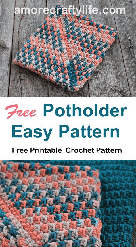 Free PDF Cotton Crochet Potholder Easy Pattern One Skein - A More Crafty Life Potholder Patterns Free, Crochet Craft Fair, Cotton Crochet Patterns, Crochet Pot Holders Free Pattern, Knitted Washcloth Patterns, Crochet Potholder, One Skein Crochet, Crochet Potholder Patterns, Crochet Slippers Free Pattern