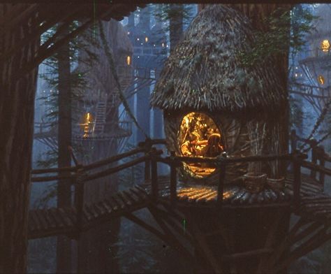 Frank Ordaz - Work Zoom: Ewok tree house with live action Star Wars Planets, Jungle Tree, Fairytale House, Fantasy Tree, Magic House, Dream Fantasy, Storybook Cottage, Fairytale Fantasies, Fantasy Forest