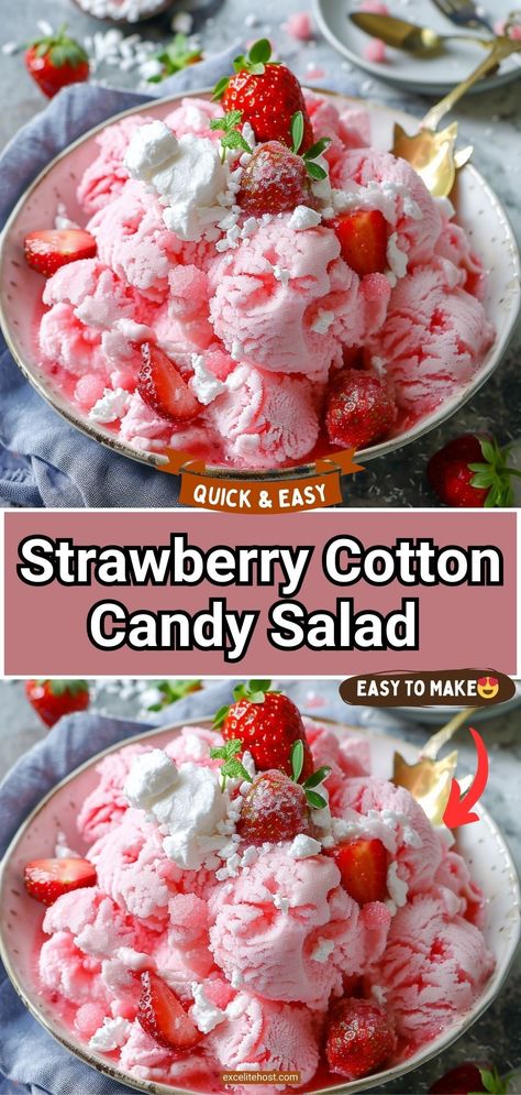 Strawberry Cotton Candy Salad Recipe Enjoy! Cotton Candy Salad, Marshmallow Salad, Creative Salads, Strawberry Gelatin, Sweet Salads, Candy Salad, Cool Whip Desserts, Fruit Toppings, Fruit Salads