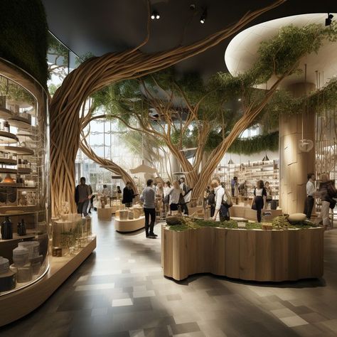 Immerse yourself in an environment where nature's serenity meets retail excitement #RetailReimagined #midjourney Nature Concept Interior, Biofilia Interior Design, Biofilic Design, Biophilic Architecture, Holistic Center, Sustainable Interior Design, Jewelry Store Design, Home Hall Design, Spa Design