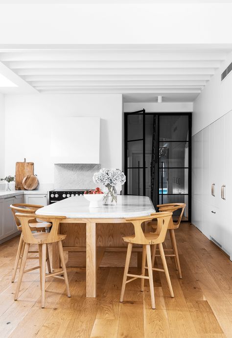 An old Victorian charmer in Mosman gets a polished upgrade Oval Kitchen Island, Dusting Tips, Exposed Beams Ceiling, Steel Frame Doors, Pitched Ceiling, Painted Brick Walls, Skylight Kitchen, Bedroom Victorian, Joinery Design