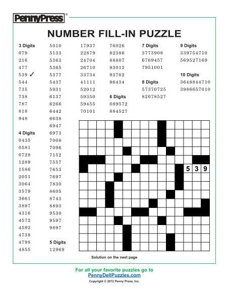 NUMBER FILL-IN PUZZLE - PennyDellPuzzles Number Fill In Puzzles Free Printable, Fill In Crossword Puzzles Printable, Number Search Puzzles, Number Fill In Puzzles, Printable Word Games, Name Writing Activities, Fill In Puzzles, Word Puzzles For Kids, Activity Based Learning