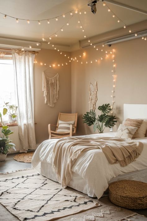 Reimagine your bedroom as a cozy retreat featuring neutral tones, multiple rugs for added texture, and a magical glow from fairy lights. Perfect for unwinding after a long day. bedroom transformation, cozy haven, neutral interiors, layered rugs, ambient fairy lights, modern bedroom design, textured decor, tranquil bedroom Cozy Bedroom Aesthetic Fairy Lights, Tiny Boho Bedroom, Sunrise Bedroom, Multiple Rugs, Cozy Boho Bedroom Ideas, Bedroom 2025, Neutral Room Decor, Room Decor For Men, Cozy Boho Bedroom