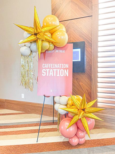 easel install | CORPORATE EVENTS Company Anniversary Decoration, Small Event Ideas, Office Balloon Decoration, Office Anniversary Decoration Ideas, Easel Balloon Garland, Corporate Balloon Decor, Inauguration Decoration Ideas, Company Anniversary Ideas, Elote Bar