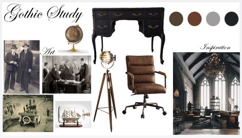 Gothic styled study/ Mood board /interior design Gothic Architecture Mood Board, Gothic Mood Board, Study Mood Board, Gothic Moodboard, Mood Board Interior Design, Board Interior Design, Victorian Library, Study Mood, House Flipper