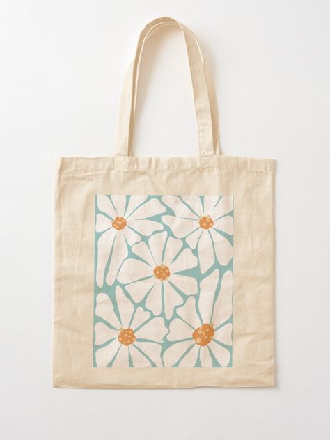 "Flowers, maybe daisies, on blue background, flat minimalistic illustration" Tote Bag for Sale by Lala-and-Jull | Redbubble Beachy Painted Tote Bags, Paint On Canvas Bag, Painting Canvas Tote Bags, Canvas Bag Painting Ideas Easy, Diy Canvas Tote Bag Paint, Canvas Tote Painting Ideas, Canvas Tote Bag Painting Ideas Easy, Painting Ideas Tote Bag, Painting A Tote Bag