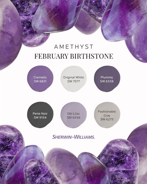 Birthstone-Inspired Paint Palettes | Tinted by Sherwin-Williams Purple Paint Palette, House Color Palettes Exterior, Sherwin Williams Veiled Violet, Sherwin Williams Purple Paint Colors, Sherwin Williams Gray With Purple Undertones, Amethyst Color Palette, Grandeur Plum Sherwin Williams, Boho Paint Colors, Sherwin Williams Potentially Purple