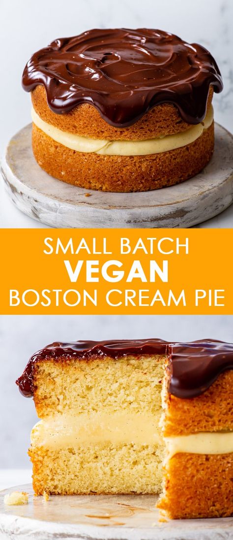 Small Batch Vegan Boston Cream Pie - You’ll love this small batch vegan Boston cream pie, with its soft and fluffy vegan sponges, rich vegan vanilla pastry cream and luxurious vegan chocolate ganache. The recipe is incredibly simple – no special equipment and no egg replacements required. And best of all: you couldn’t possibly guess that it’s vegan!! Vegan cake recipes. Vegan custard. Vegan desserts. Vegan recipes. Dairy free cake. Egg free cake. Eggless cake. Easy cake recipes. Layer cake. Cake Recipes Vegan, Best Vegan Cake Recipe, Egg Free Cake, Vegan Custard, Vegan Chocolate Ganache, Vegan Pastry, Vegan Vanilla Cake, Egg Free Cakes, Vegan Pastries