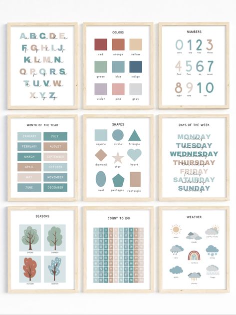 Set of 9 Educational Poster, Classroom Posters, Homeschool Printables, Educational Wall Art, Alphabet Poster, Playroom Poster, Montessori, Playroom Sign, Classroom Bundle, Kindergarten Classroom Prints  Click to shop more classroom wall decor and browse more educational poster to bring your classroom designs to the next level!  Each print includes 5 high resolution JPG files with different ratio sizes: Toddler Educational Posters, Homeschool Posters Free, Wall Art Kindergarten, Montessori Wall Art, Classroom Designs, Art Kindergarten, Poster Classroom, Playroom Posters, Teacher Posters