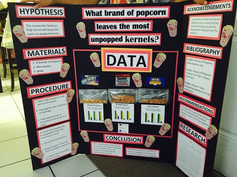 Popcorn science project! Popcorn Science Project, Popcorn Science Fair Project, 2nd Grade Science Projects, Science Fair Topics, Elementary Science Fair Projects, Easy Science Fair Projects, Kids Science Fair Projects, Science Fair Experiments, Science Fair Board