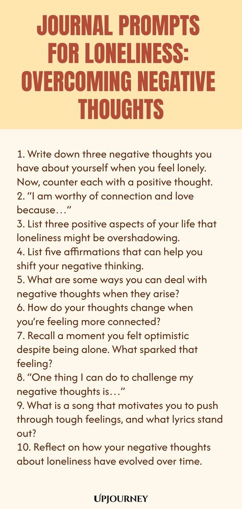 Discover a collection of powerful journal prompts designed to help you overcome negative thoughts and feelings of loneliness. Dive into self-reflection and self-awareness with these insightful writing exercises. Embrace the opportunity to explore your emotions and gain a deeper understanding of yourself. Start your journey towards healing and inner peace today with these thought-provoking prompts. Negative Thoughts Journal, Quick Journal Prompts, Visual Journal Prompts, Easy Writing Prompts, Overcoming Negative Thoughts, Comforting Thoughts, Work Etiquette, Psychology Terms, Relationship Quizzes