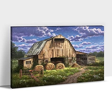 Farmhouse Barn Canvas Wall Art - Old Barn Windmill Canvas Pictures, Modern Rustic Landscape Wall Art for Living Room Wall Decor, Country Vintage Truck Farmhouse Barn Painting Framed Artwork (28"x40") Barn Wall Art, Fashion Wall Decor, Barn Pictures, Country Wall Art, Bar Wall Decor, Barn Painting, Home Decor Paintings, Old Barn, Rustic Wall Decor