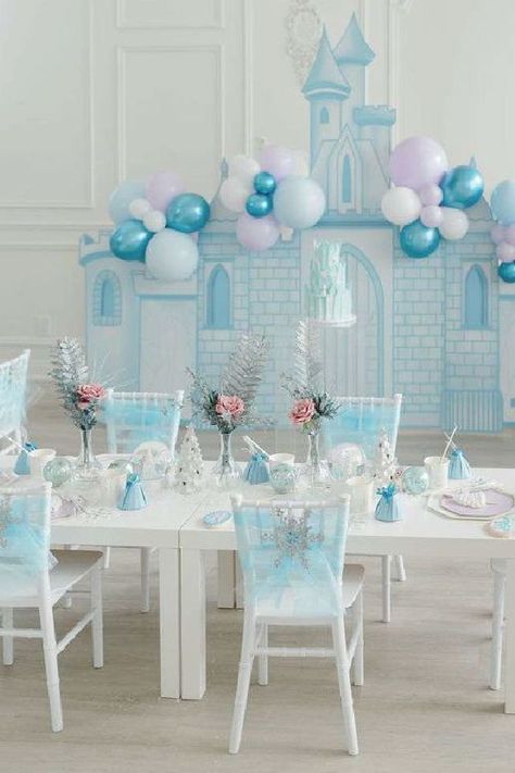 Don't miss this gorgeous Frozen birthday party! The table settings are magical! See more party ideas and share yours at CatchMyParty.com Frozen Party Table, Candy Bar Frozen, Winter Birthday Party Ideas, Frozen Table, Frozen Birthday Party Ideas, Winter Birthday Party, Elsa Birthday Party, Frozen Party Decorations, Frozen Birthday Theme