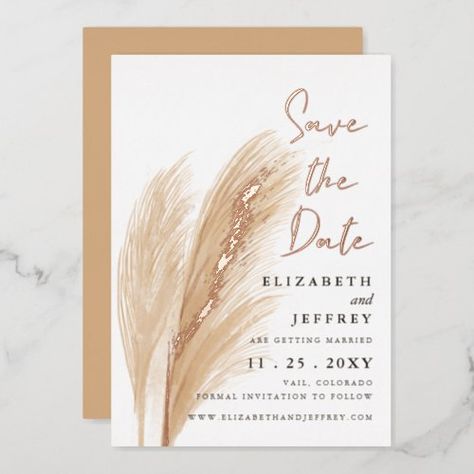 Rustic Earthy Neutral Boho Pampas Save The Date Foil Invitation #zazzle #weddinginvitations #birthdayinvitations #babyshowerinvitations #zazzleinvitations #monogram #businesscards #graduation #homedecor Rose Gold Save The Date, Sabe The Date, Foil Save The Dates, Rustic Save The Dates, Grass Wedding, Photo Save The Date, Simple Luxury, Neutral Boho, Foil Invitations