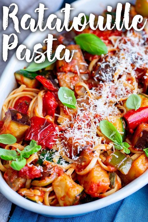 Pinterest Image: Oval bowl of Ratatouille Pasta with text overlay Italian Ratatouille Recipe, Ratatouille Pasta Recipe, Ratatouille Pasta, Vegetable Ratatouille, Easy Ratatouille Recipes, Veggie Side Dish, Ratatouille Recipe, Lamb Chop, Vegetarian Life