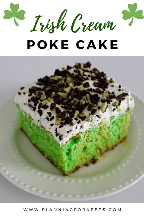 A delicious and easy dessert perfect for St. Patrick's Day! Irish cream poke cake combines flavors of Irish cream and mint topped with Cool Whip, chocolate sprinkles, and Andes mint baking chips. #stpatricksdaydessert #pokecakerecipes #makeaheaddessert Irish Cream Poke Cake, Mint Baking, St Patricks Desserts, Cream Poke Cake, St Patricks Food, St Patrick's Day Dessert, St Patrick Day Snacks, St Patricks Day Cakes, Baking Chips