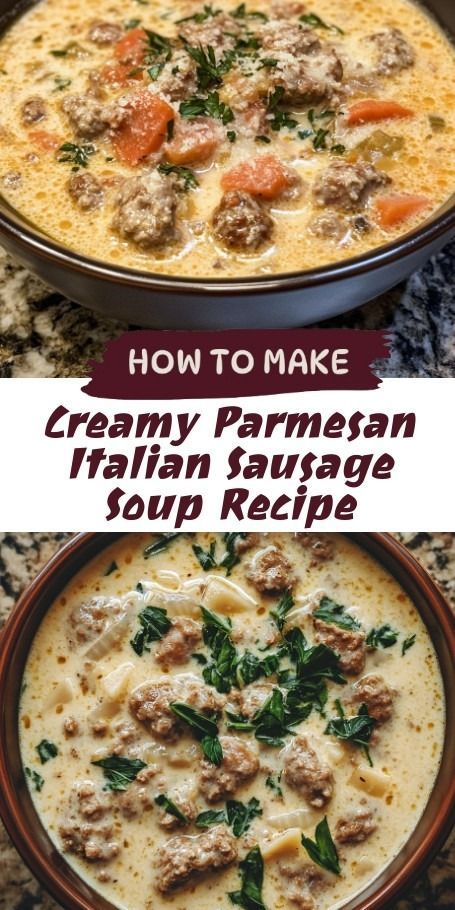 Warm up with this Creamy Parmesan Italian Sausage Soup, a comforting blend of savory sausage, fresh spinach, and rich cream. Perfect for cozy days, this easy recipe is packed with flavor and makes a delicious meal for any occasion! Broccoli Potato Soup, Italian Soup Recipes, Sausage Soup Recipes, Parmesan Soup, Making French Fries, Italian Sausage Soup, Fire Food, Spinach Soup, Italian Soup