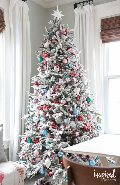 Holiday Home Tour | inspiredbycharm.com White Christmas Tree Decorations, Teal Christmas, Turquoise Christmas, Pretty Christmas Trees, Flocked Christmas Tree, Holiday Home Tour, Red And White Christmas, Christmas Decoration Ideas, Christmas Tree Inspiration