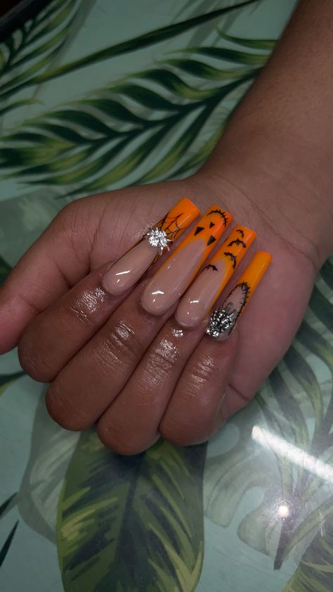 Orange Spooky Nails, Halloween Long Acrylic Nails, Holloween Nails Acrylic Long, Spooky Sets, Halloween Xl Nails, Halloween Nails Long, Halloween Nails Orange, Halloween Nails 2023, Spooky Nail Ideas