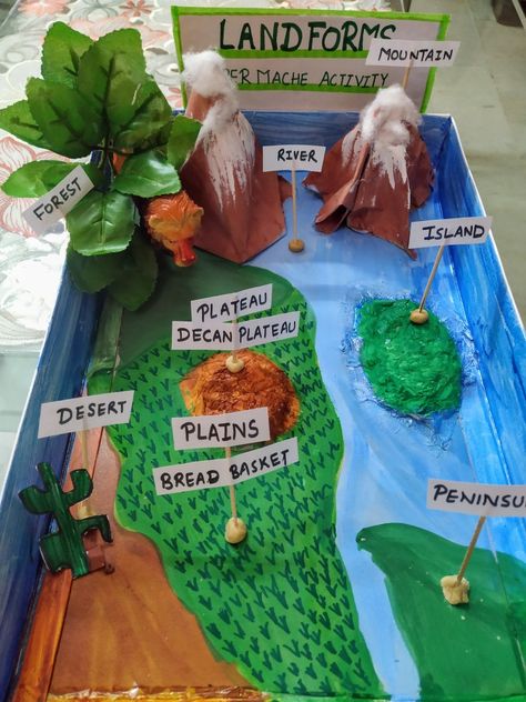 Edible Landforms Project, Landforms Bulletin Board Ideas, Landforms Of India Project, Different Landforms Model, Geography Landforms Project, Landform Projects For Kids 2nd Grade, Landform Diorama Projects, Landforms Model Projects 2nd Grade, Geography Working Model