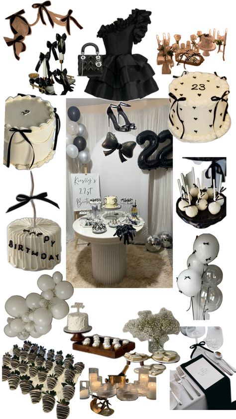 Black and white bow Black And White Themed Sweet 16, Black Tie Bday Party, Black Bows Birthday Theme, 21st Birthday Ideas Black And White, Black Bow Party Theme, Black Bow Themed Birthday Party, Black White Silver Birthday Decorations, Black And White Coquette Birthday, 21st Birthday Ideas Black