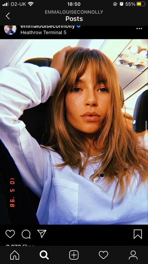 Center Parted Fringe, Brunette Fringe Bangs, 70s Hair Bangs Fringes, Emma Louise Connolly Hair, Parted Fringe, Versatile Bangs Fringes, Strawberry Blonde Fringe Bangs, Emma Louise Connolly, Fringe Hairstyle